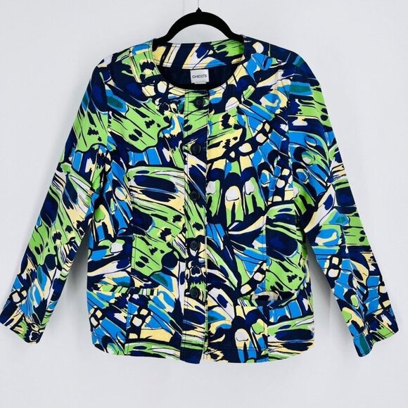 Chico's Art to Wear Jacket Size L (2)  Multicolor Crop No Collar Button Front - Picture 1 of 12
